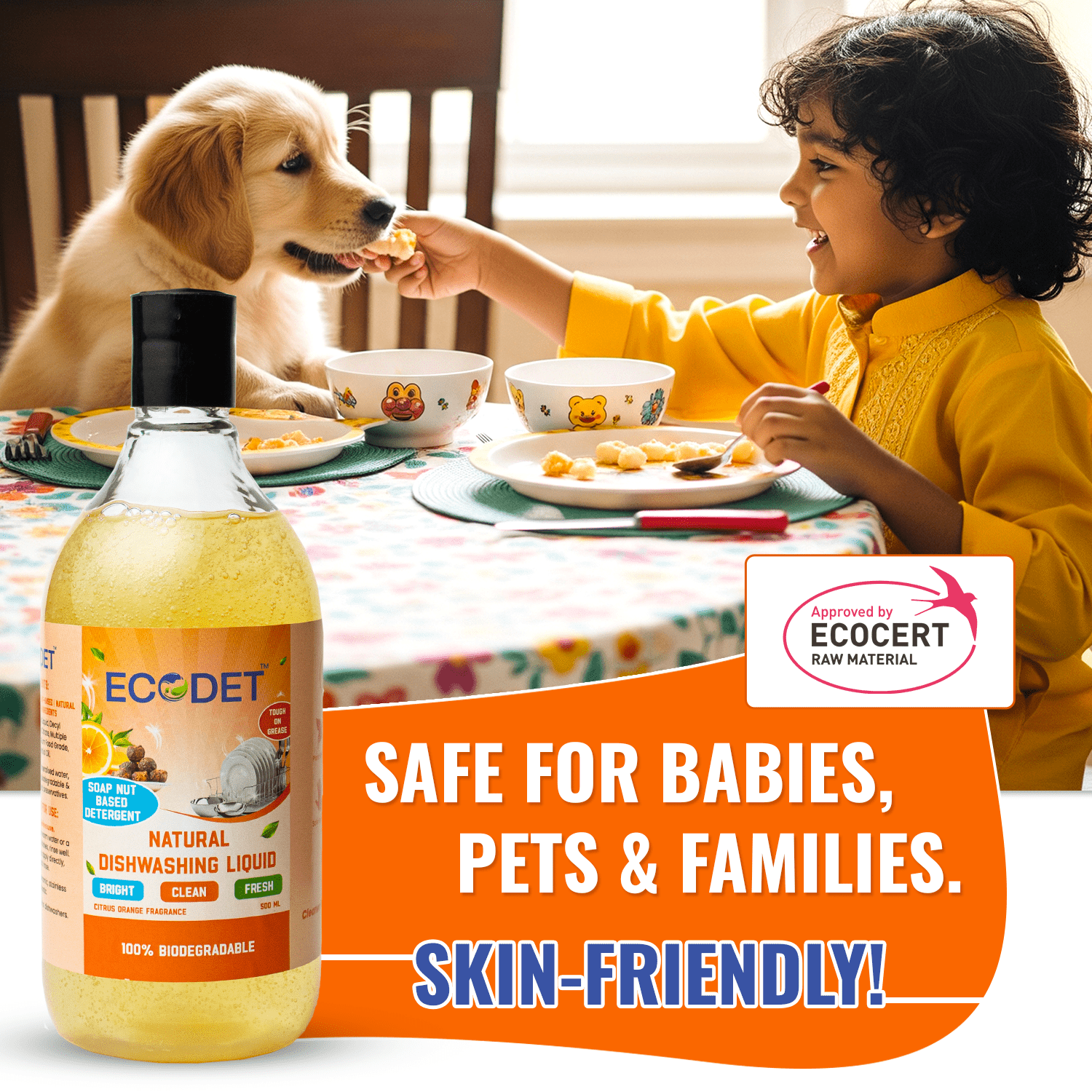 Natural dishwashing liquid bottle with child feeding dog, highlighting baby, pet safe and skin-friendly eco-certification