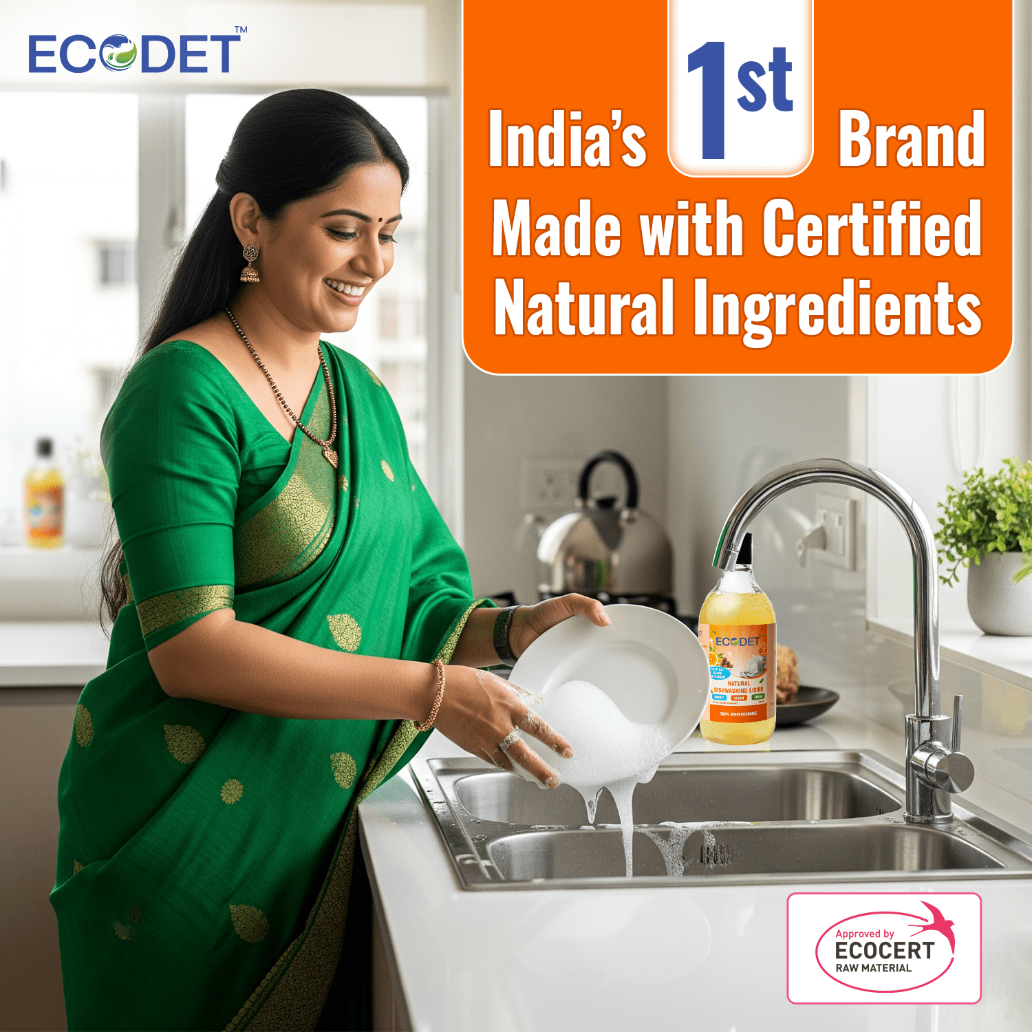 Woman in green saree washing dishes with ECODET natural dishwashing liquid in kitchen sink, eco-friendly certified product bottle visible nearby