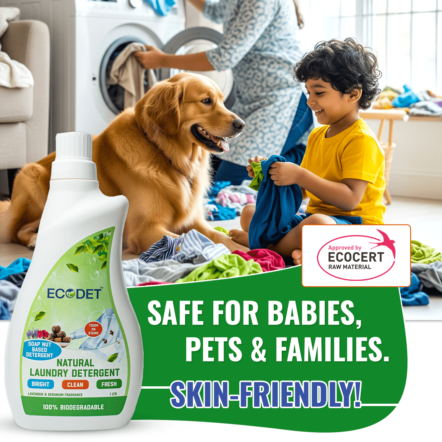 Eco-friendly natural laundry detergent liquid with lavender and geranium scent, safe for babies, pets, and sensitive skin, biodegradable and plant-based formula.