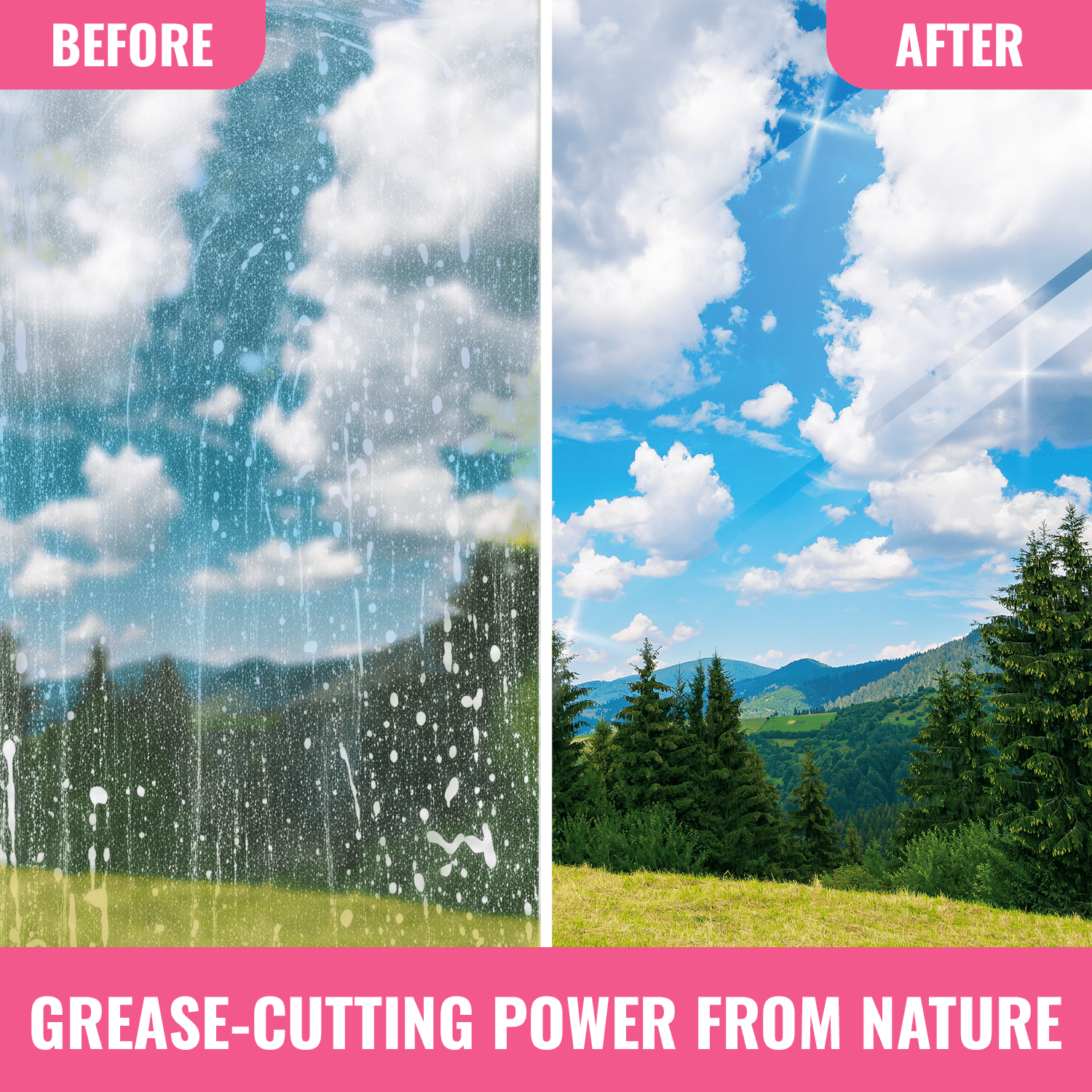 Before and after window cleaning with Natural All Purpose Cleaner showing streak-free, crystal clear glass with natural grease-cutting power