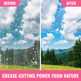 Before and after window cleaning with Natural All Purpose Cleaner showing streak-free, crystal clear glass with natural grease-cutting power