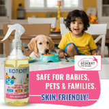 Natural All Purpose Cleaner Citrus Orange 500ml bottle with child and dog, safe for babies, pets, and families, skin-friendly and Ecocert certified.