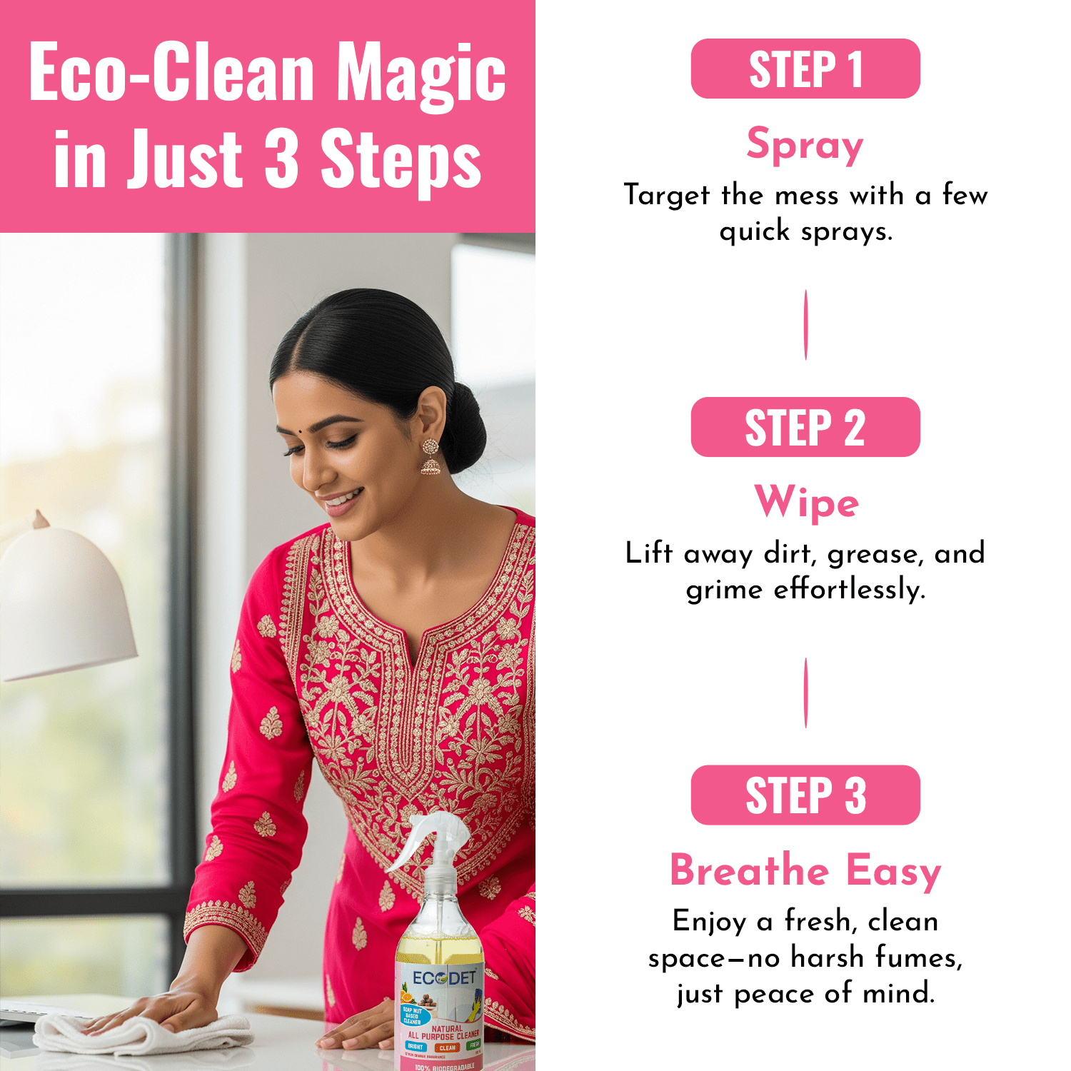 Woman using Natural All Purpose Cleaner citrus orange spray to clean surface in a bright home
