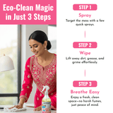 Woman using Natural All Purpose Cleaner citrus orange spray to clean surface in a bright home