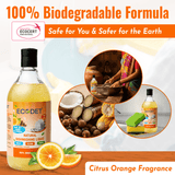 500 ml bottle of EcoDet natural dishwashing liquid with citrus orange fragrance, plant-based biodegradable formula, and Ecocert certification displayed with natural ingredients and cleaning scenes