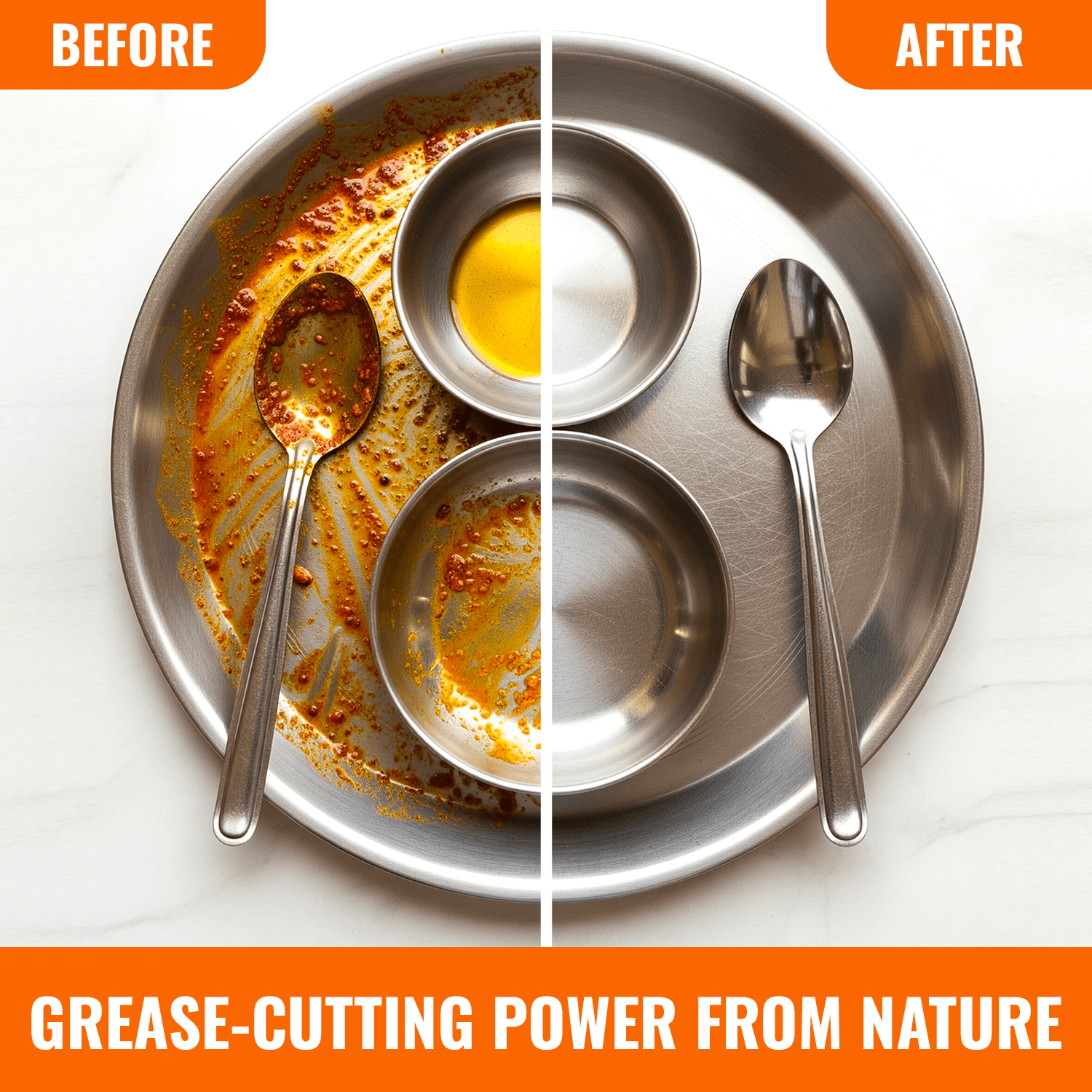 Natural Citrus Orange dishwashing liquid cleaning greasy stainless steel plate with spoon and bowls, showing before and after use comparison, 500 ml eco-friendly biodegradable formula