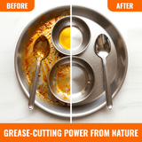 Natural Citrus Orange dishwashing liquid cleaning greasy stainless steel plate with spoon and bowls, showing before and after use comparison, 500 ml eco-friendly biodegradable formula