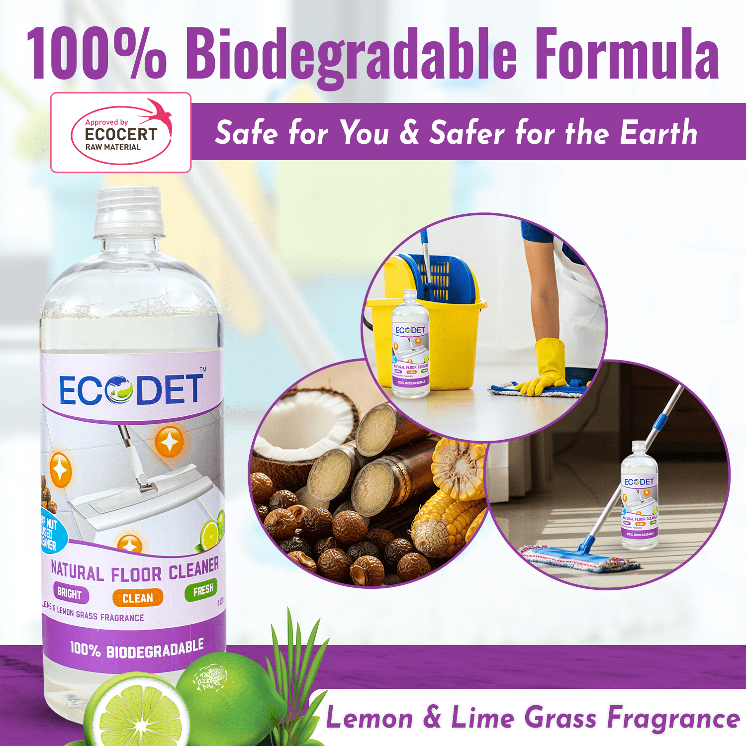 Ecodet Natural Floor Cleaner 1 litre bottle with lemon and lemongrass fragrance, biodegradable and eco-friendly formula safe for floors, kids, and pets.