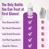 Natural Floor Cleaner bottle with lime and lemongrass scent highlighting pure essential oils, no harsh chemicals, lab-tested formula, certified ingredients, and eco-friendly benefits.