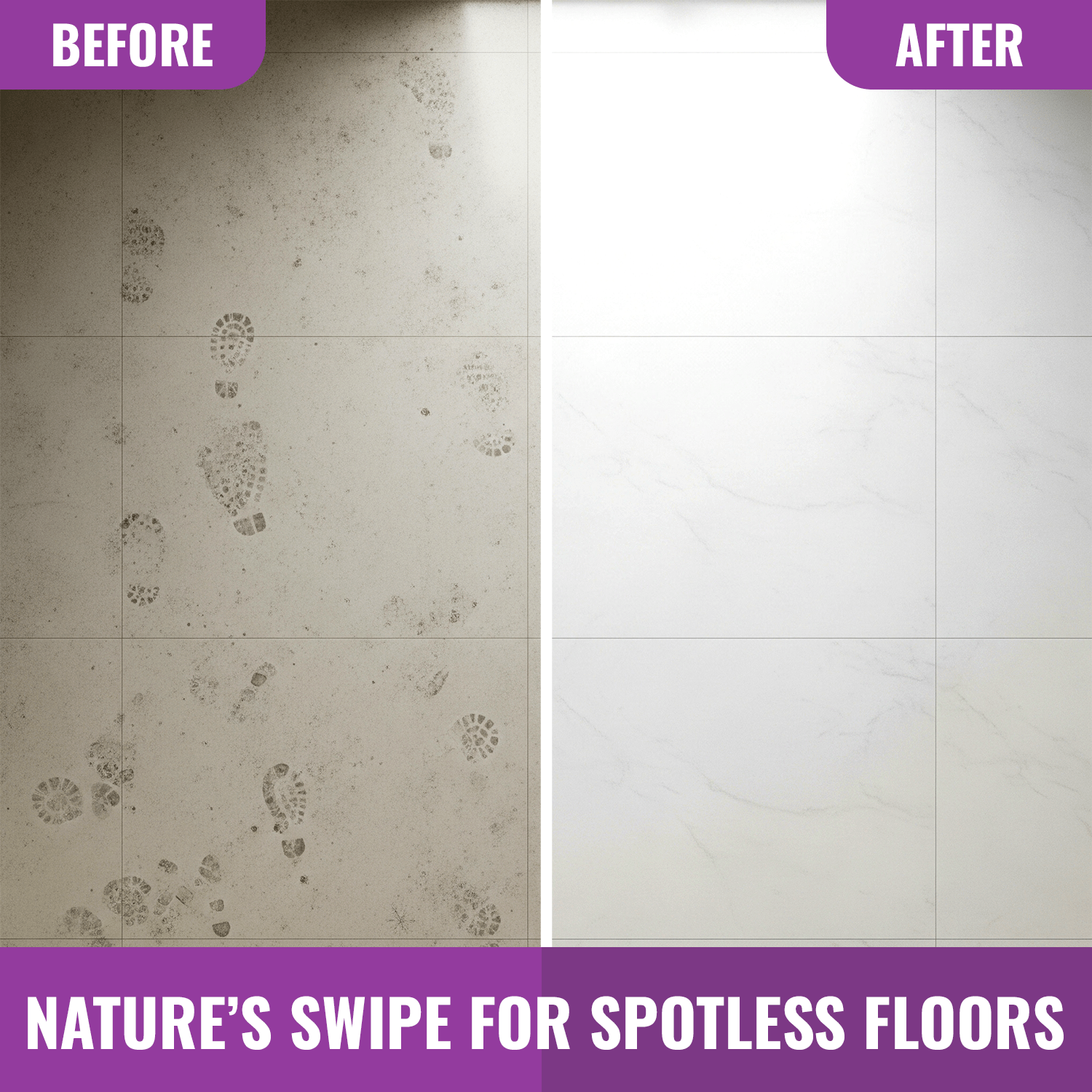 Before and after comparison of tiled floor cleaned with natural floor cleaner showing footprints and dirt removed for spotless shine