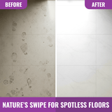 Before and after comparison of tiled floor cleaned with natural floor cleaner showing footprints and dirt removed for spotless shine