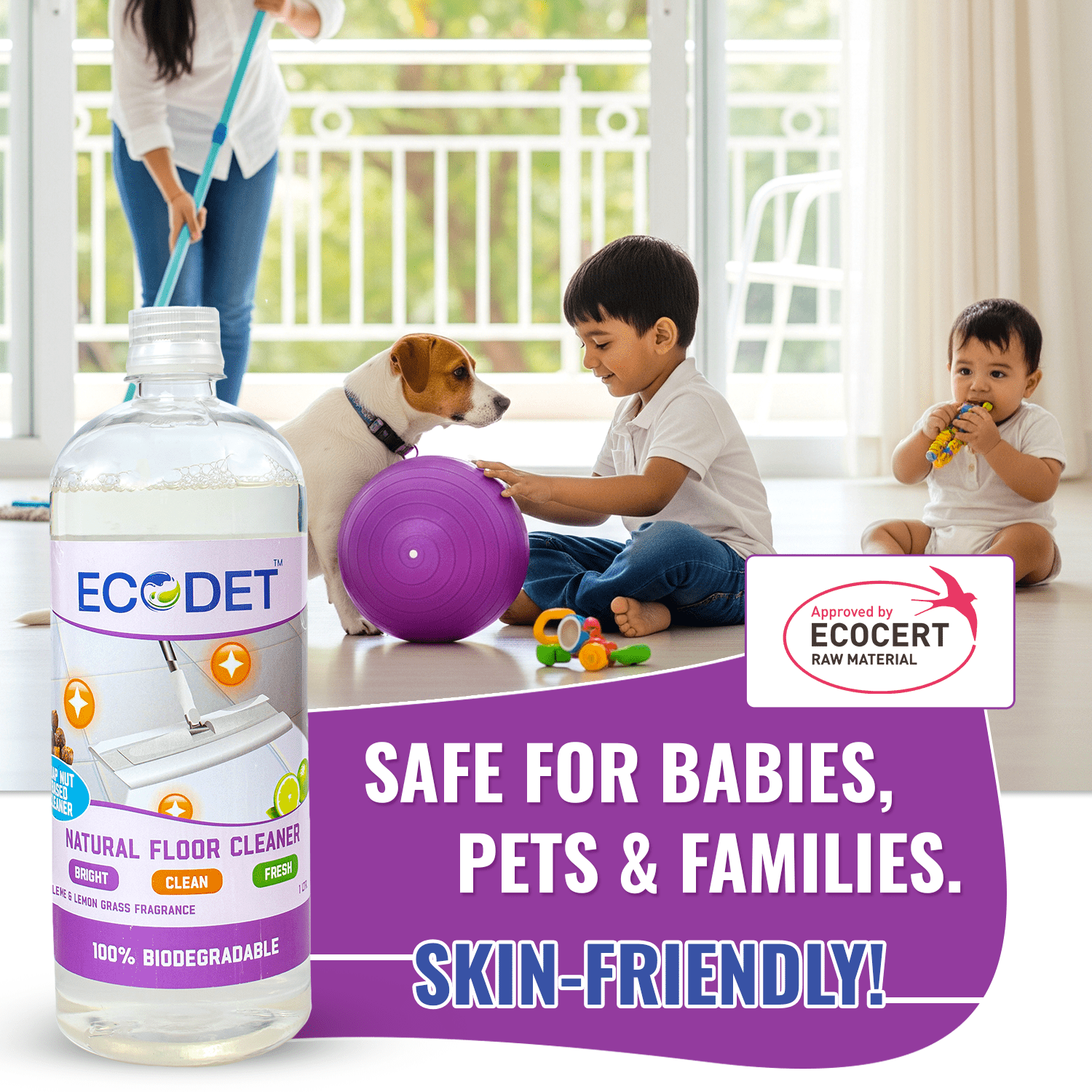Ecodet natural floor cleaner with lime and lemongrass, safe for babies, pets, families, and skin-friendly, 100% biodegradable.