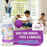 Ecodet natural floor cleaner with lime and lemongrass, safe for babies, pets, families, and skin-friendly, 100% biodegradable.