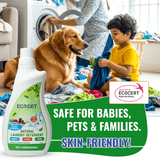 Eco-friendly natural laundry detergent liquid with lavender and geranium scent, safe for babies, pets, and sensitive skin, biodegradable and plant-based formula.