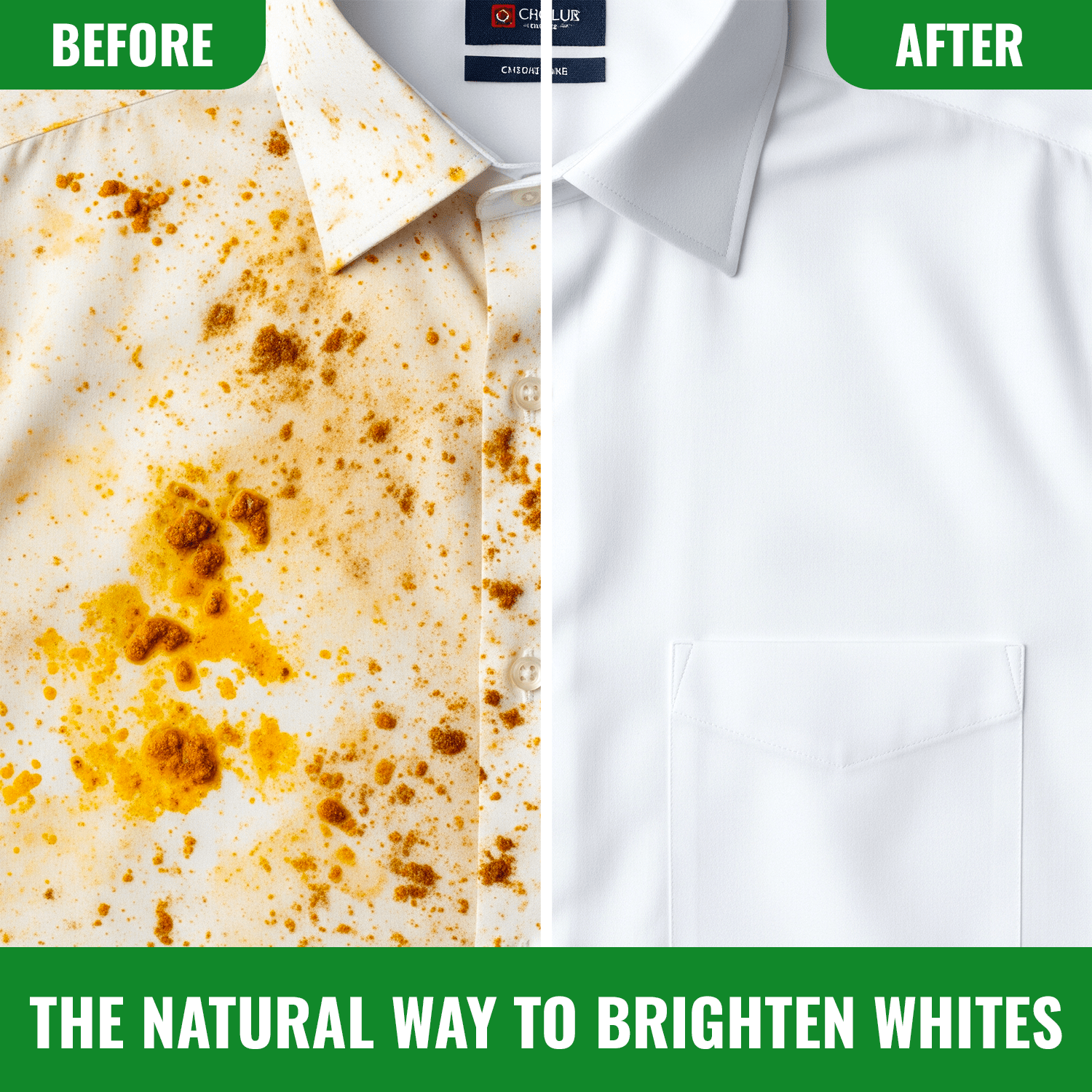 Before and after comparison of a white shirt showing effective stain removal and brightening using natural laundry detergent liquid with lavender and geranium scent.