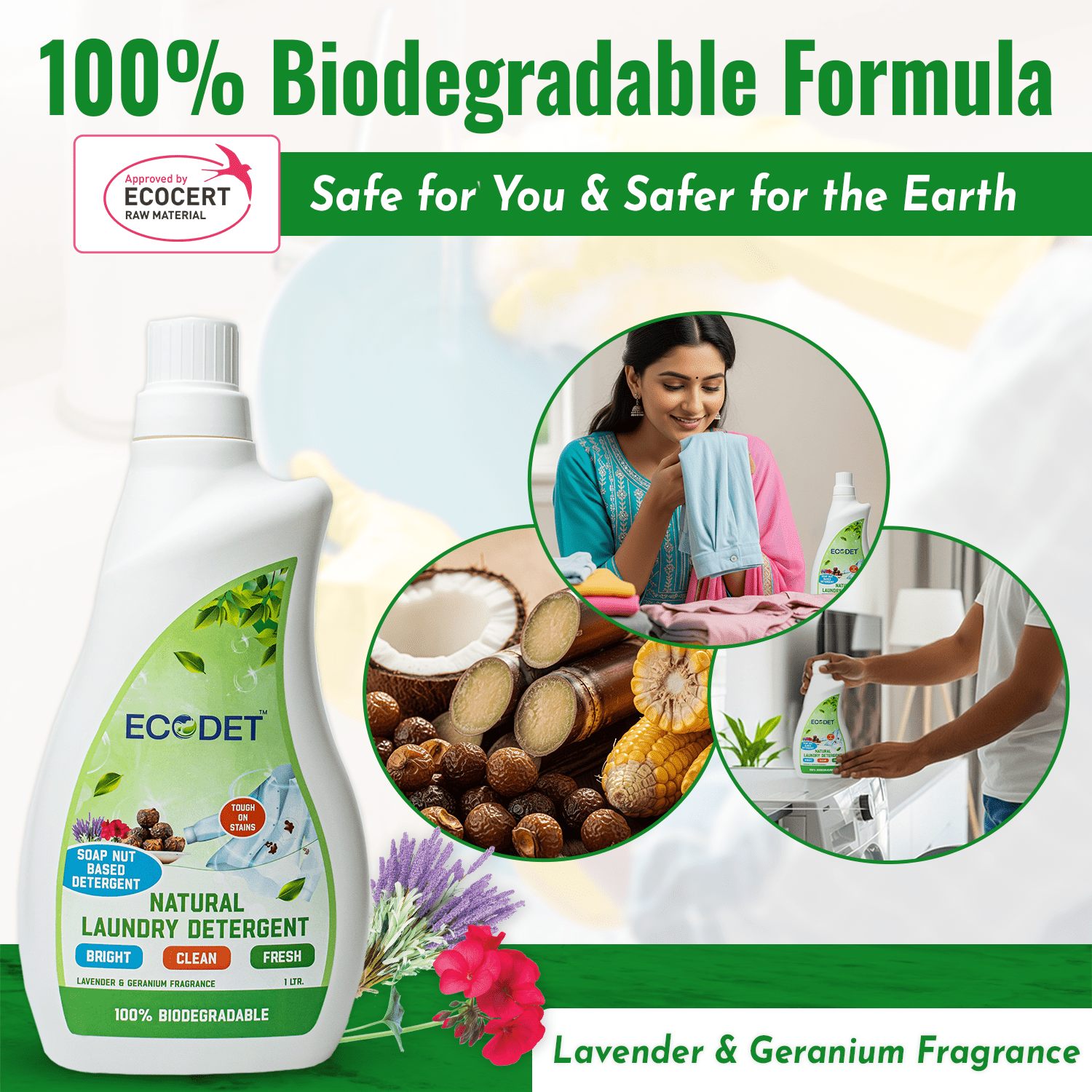 Natural Laundry Detergent Liquid bottle with lavender and geranium fragrance, featuring 100% biodegradable formula and soap nut base, eco-friendly and safe for skin and environment.