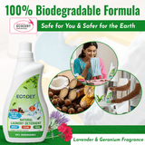 Natural Laundry Detergent Liquid bottle with lavender and geranium fragrance, featuring 100% biodegradable formula and soap nut base, eco-friendly and safe for skin and environment.