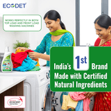 Two women doing laundry with ECODET Natural Laundry Detergent Liquid in a bright kitchen, promoting certified natural ingredients and suitability for top and front load machines.