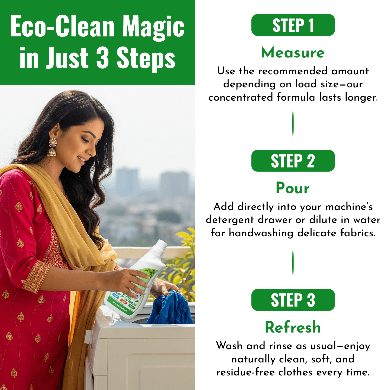 Woman pouring natural laundry detergent liquid into washing machine with eco-friendly lavender and geranium scent instructions for use in three steps