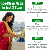 Woman pouring natural laundry detergent liquid into washing machine with eco-friendly lavender and geranium scent instructions for use in three steps