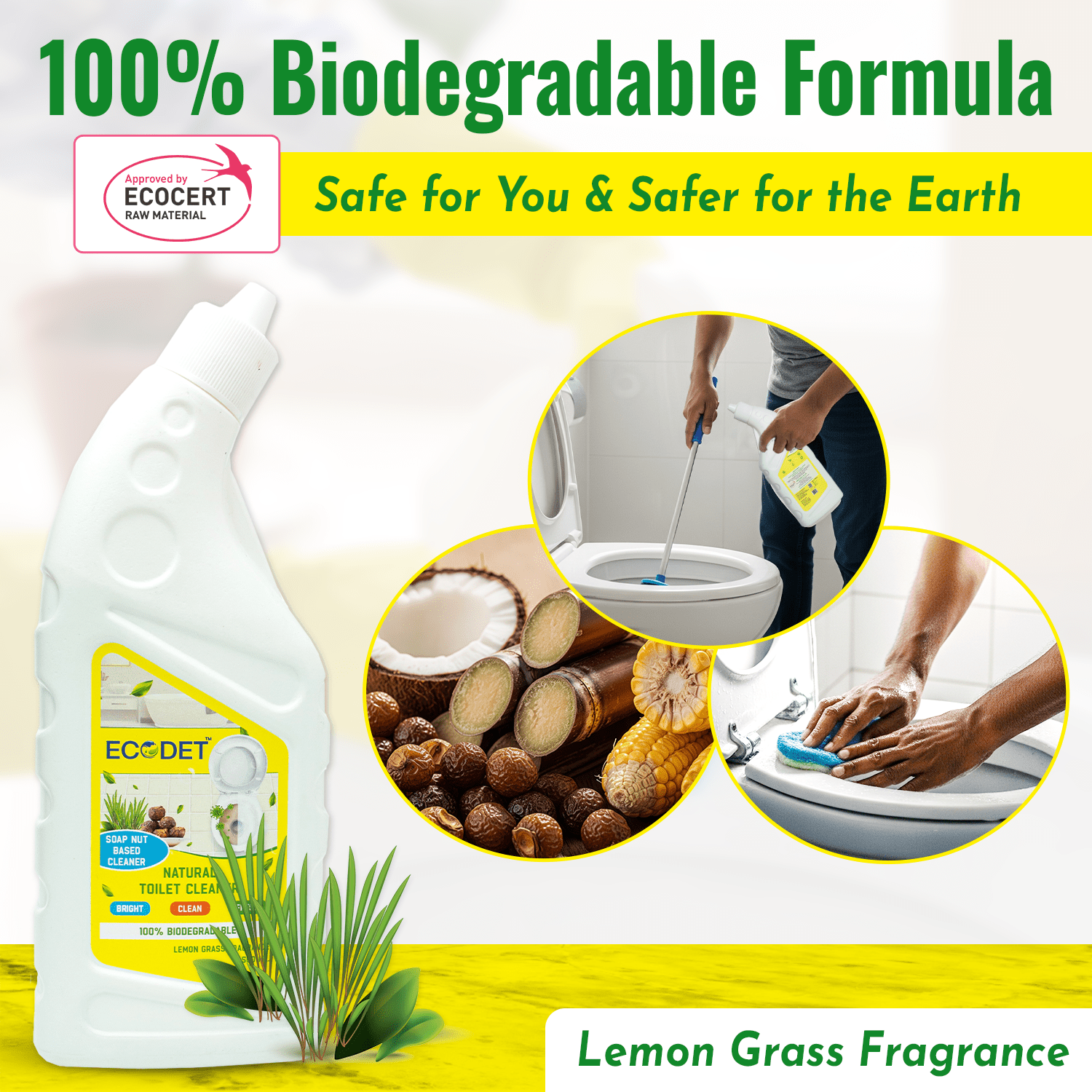 Eco-friendly 500ml Natural Toilet Cleaner with lemongrass fragrance, biodegradable plant-based formula tough on stains and safe for family and environment