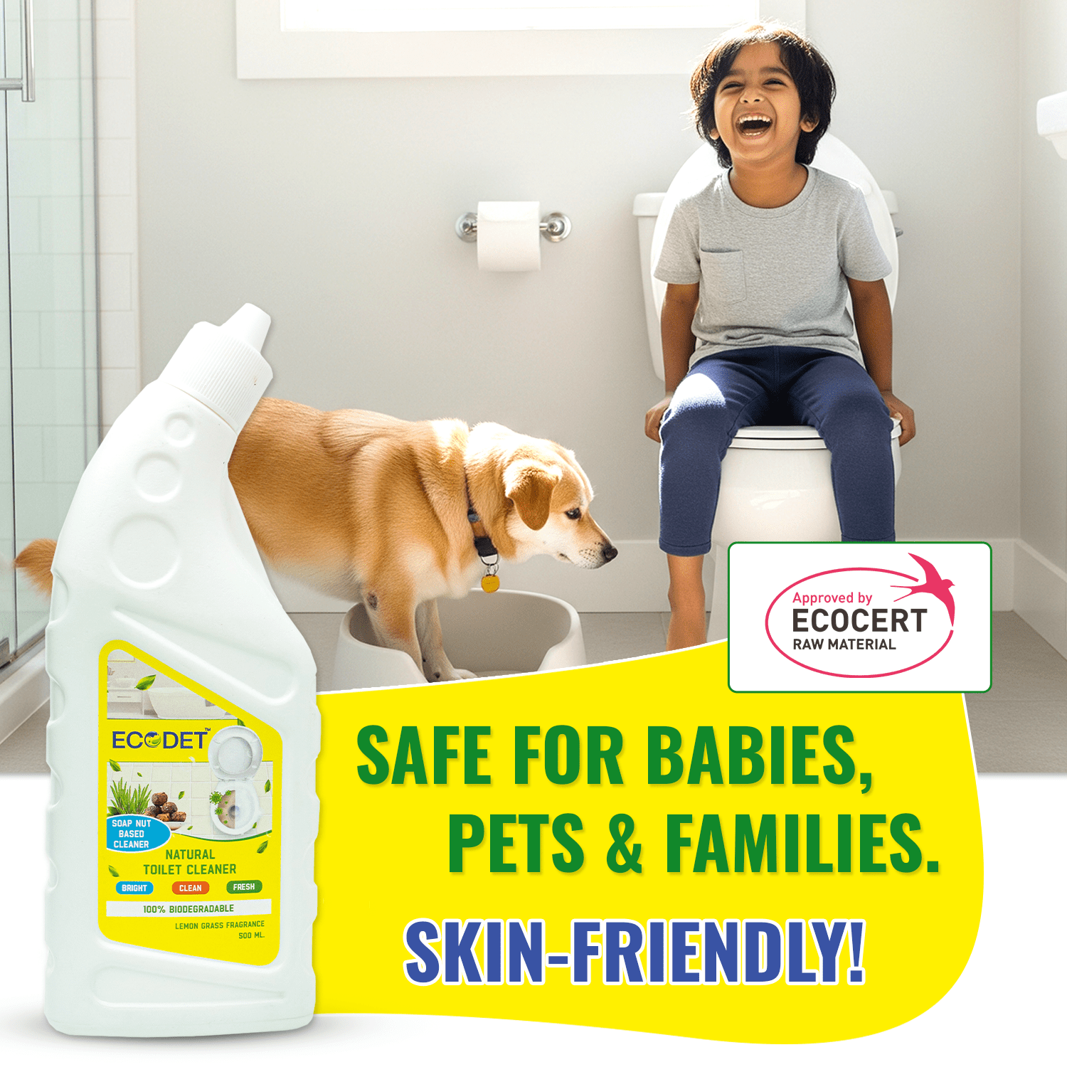 Natural Toilet Cleaner lemon grass 500ml bottle with child and dog in bathroom, safe for babies pets and families, skin-friendly, Ecocert certified eco-friendly cleaning product